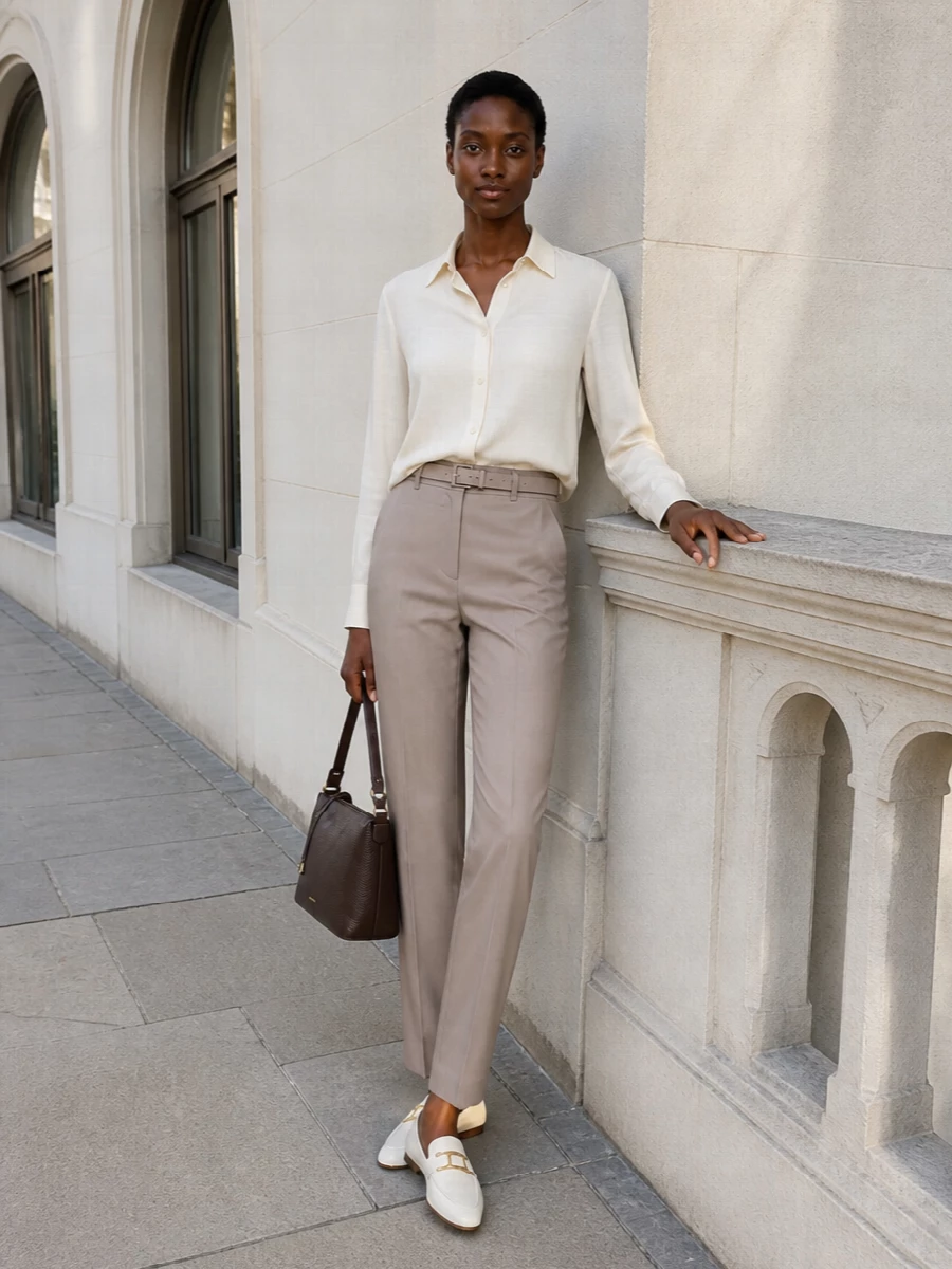 Etro ivory shirt beige tailored trousers outfit
