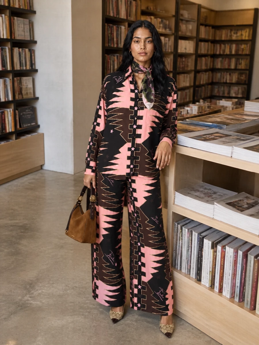 Pucci pink print shirt wide leg trousers outfit