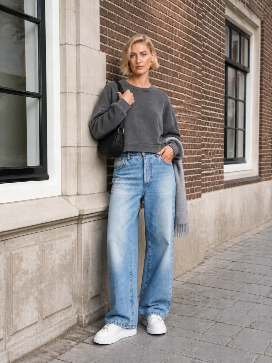 Faded wide-leg denim and a washed charcoal cropped sweatshirt create a relaxed, clean-lined base in that unmistakable Scandinavian streetwear register. Chunky white sneakers keep it city practical while adding just enough height and structure. A compact black crescent bag finishes things off with subtle edge and everyday ease.