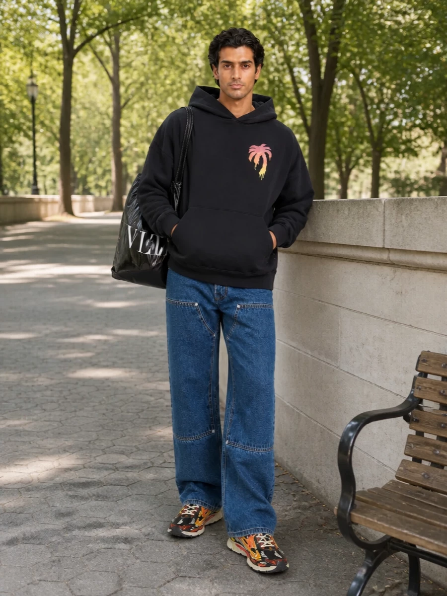 Palm angels hoodie wide leg jeans off white sneakers