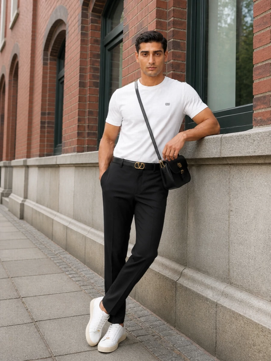 A crisp white tee is sharpened with black tailored trousers for a clean, graphic base that feels relaxed yet considered. Soft-white sneakers keep it casual but precise, while a structured black crossbody and slim gold-buckled belt add just enough polish. The result is an easy, modern uniform that moves from coffee runs to low-key dinners without changing a piece.