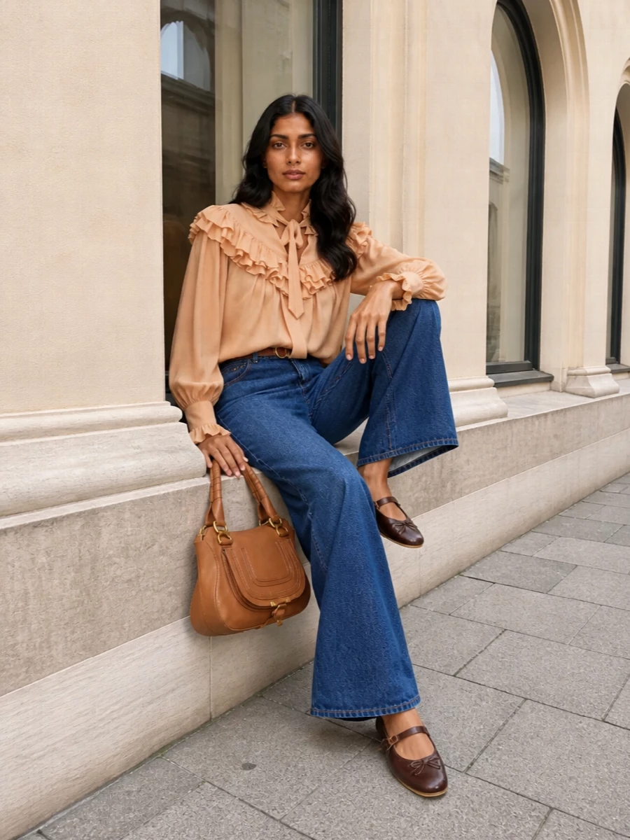 Chloe ruffle blouse wide leg jeans outfit
