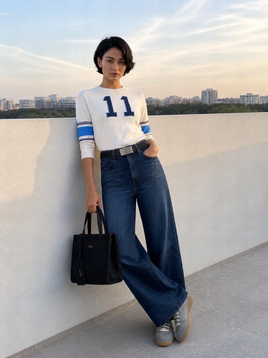 Mother wide leg jeans varsity tee apc tote