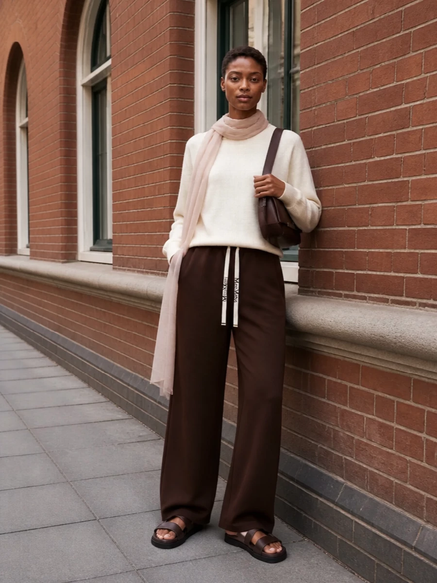 Max mara chocolate joggers ivory sweater outfit