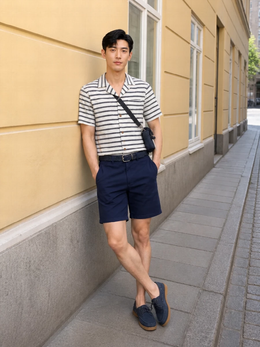 Navy swim shorts go smart with the off-white striped camp shirt, giving a quietly nautical take that works beyond the beach. Suede boat shoes and a braided navy belt add just enough polish, while the compact crossbody keeps it practical for days that drift from the marina to the city. The result is clean, relaxed and unmistakably preppy without feeling stiff.