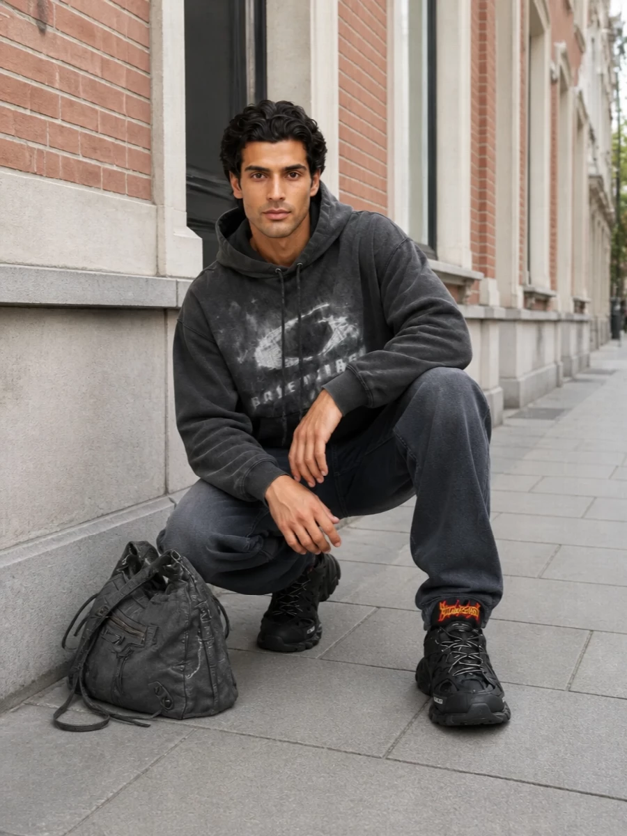 Balenciaga hoodie relaxed jeans chunky sneakers