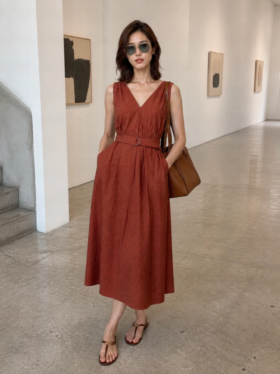I chose the dress route to let the Bottega aviators frame a single, fluid statement rather than competing with tailored separates. The Brunello Cucinelli terracotta midi, tan Giuseppe Zanotti flats and Tod’s cognac tote create a sun-warmed, quietly opulent palette that feels perfect for terrace dinners or city evenings. The mix of soft drape, grounded flats and structured leather keeps the mood relaxed yet unmistakably polished around the cinematic sunglasses.