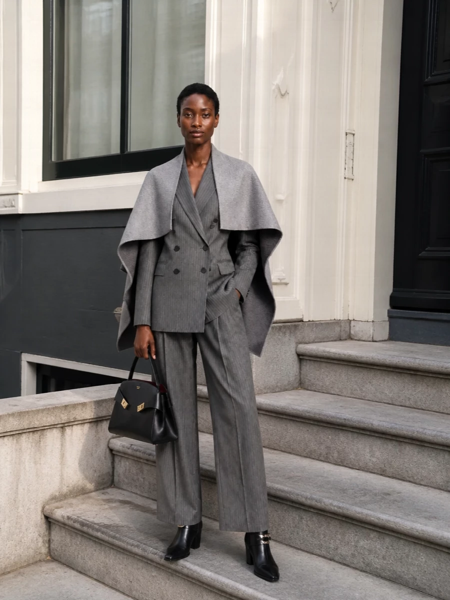 Alberta ferretti grey pinstripe suit ferragamo bag