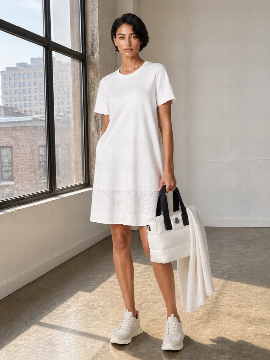 Moncler white t shirt dress quilted tote outfit