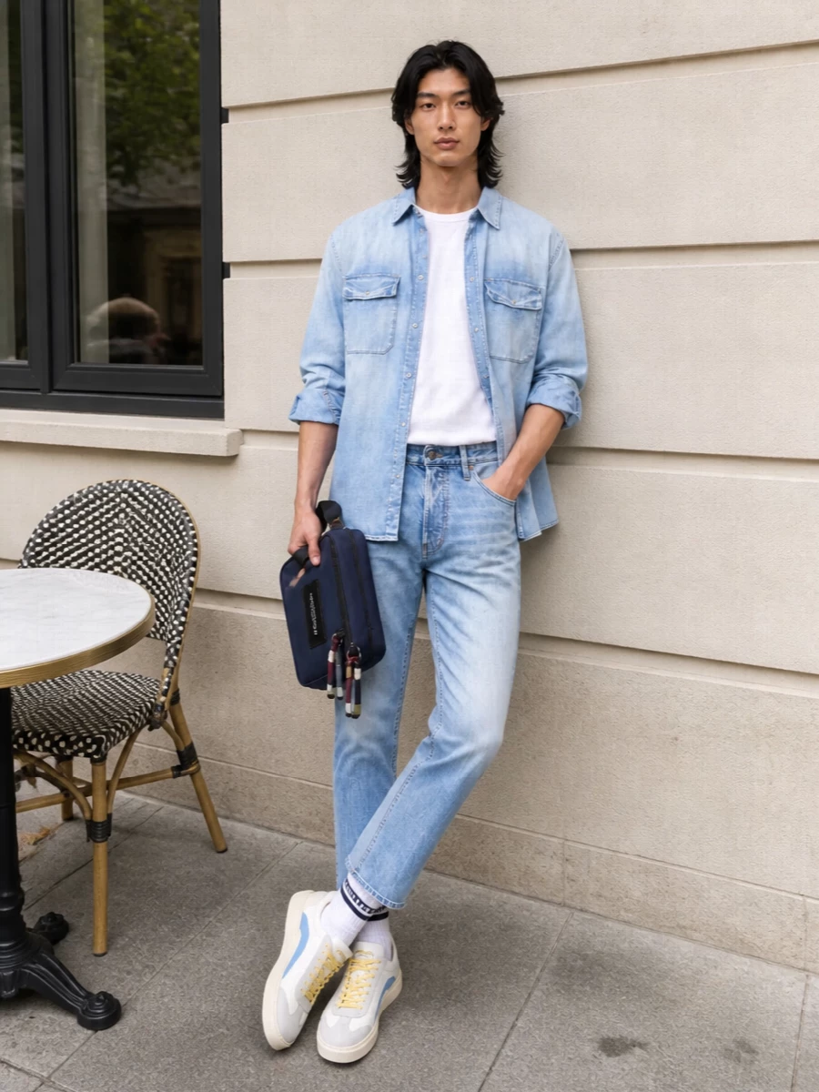 Dsquared2 light wash jeans denim shirt outfit