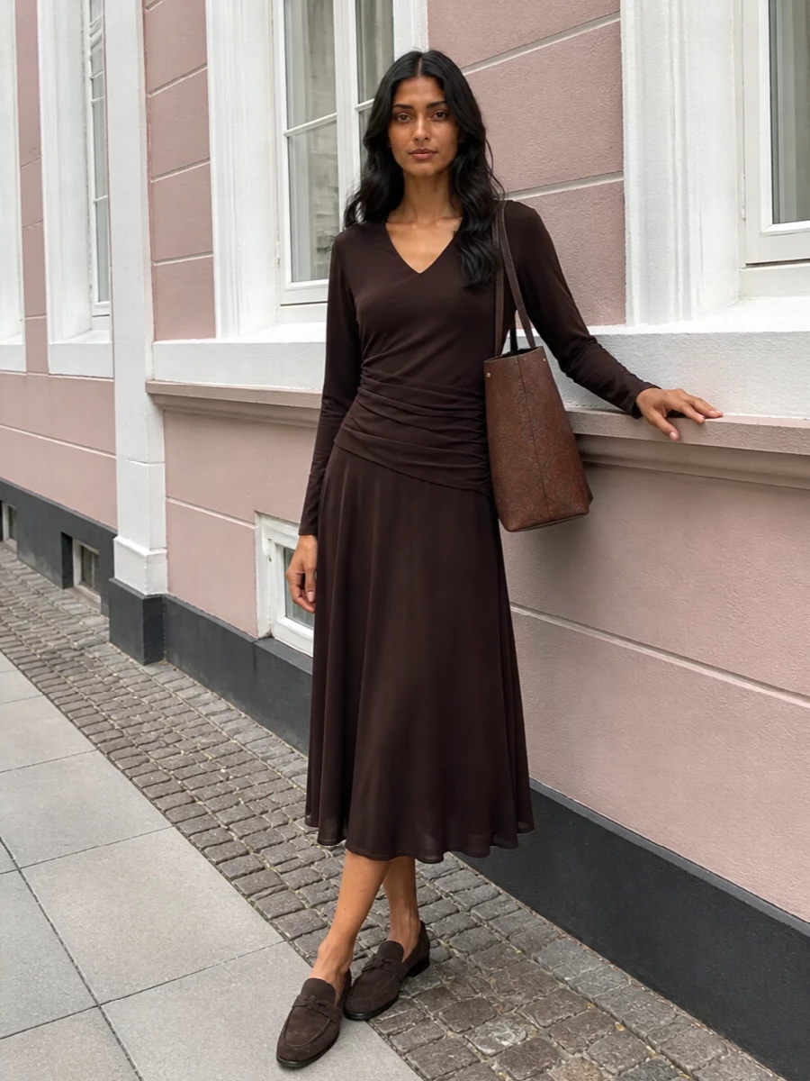 A deep chocolate midi dress and taupe suede loafers create a quiet, elongated column that lets the Etro paisley tote take center stage in a warm, autumnal palette. The ruching and V-neck keep the silhouette refined yet easy, perfect for city days that might end at dinner. Choosing the dress over separates keeps the mood streamlined and polished in a way that aligns with the bag’s relaxed but composed attitude.