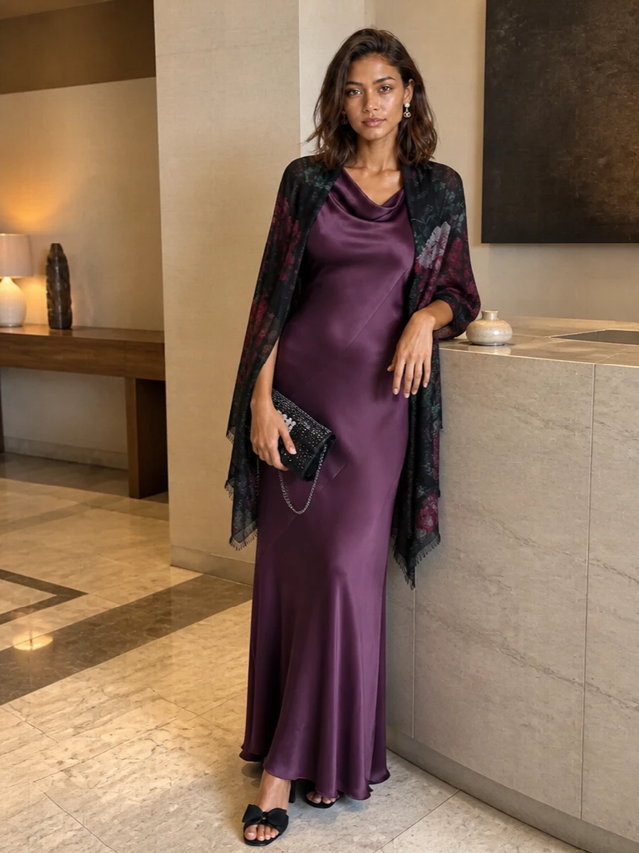 Alberta ferretti plum satin evening dress outfit