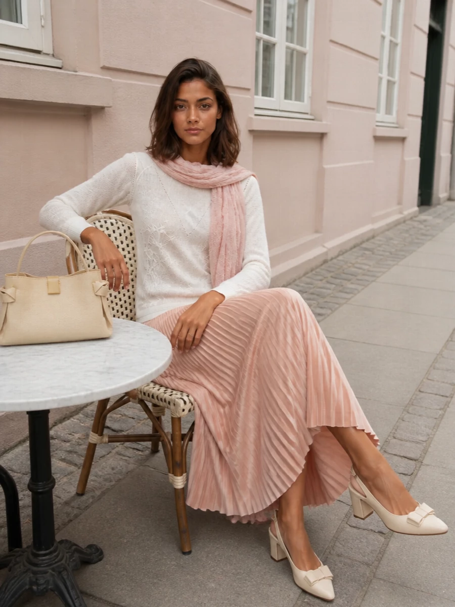 Alberta ferretti ivory knit blush pleated skirt