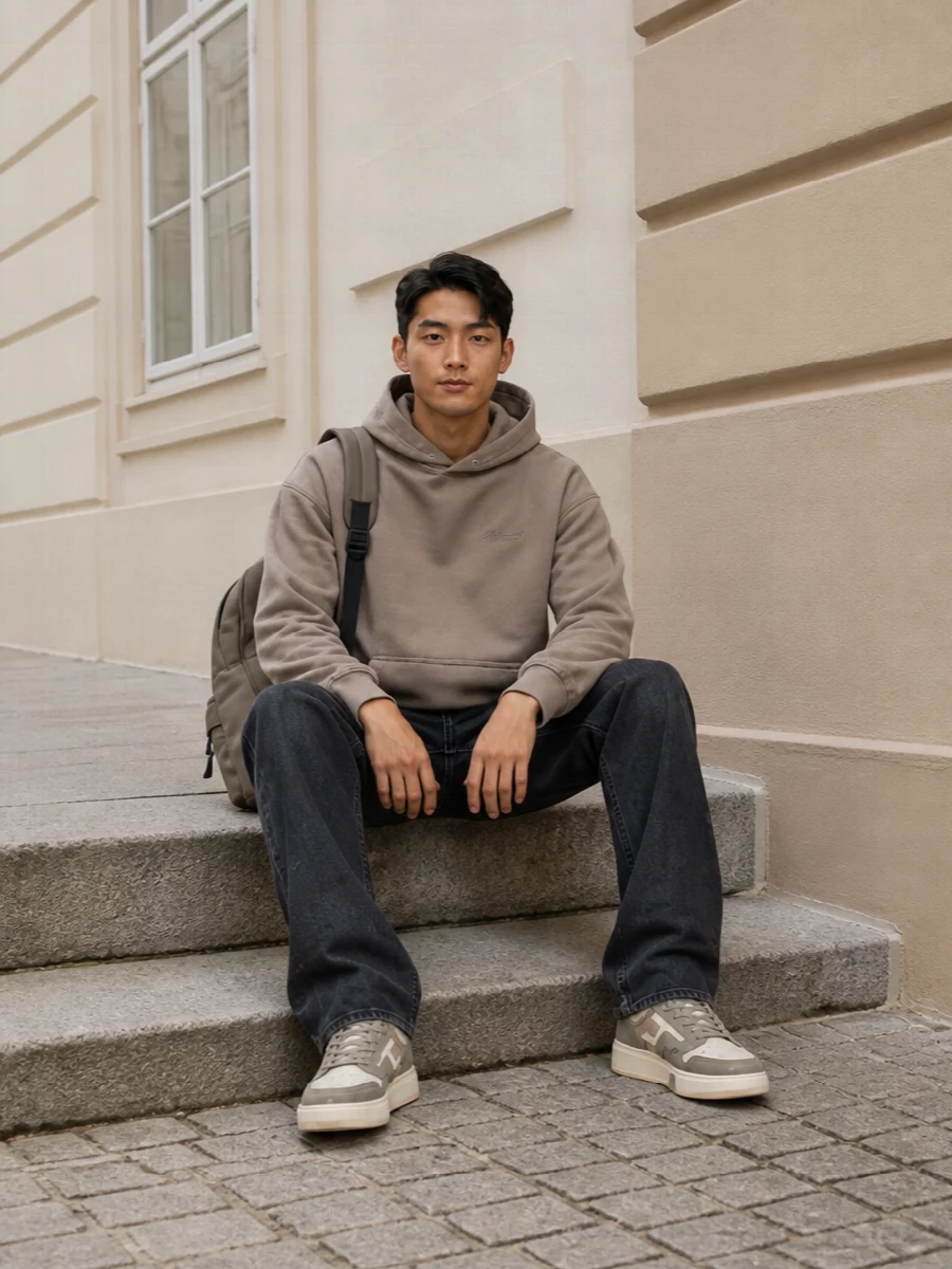 Represent taupe hoodie washed black jeans outfit