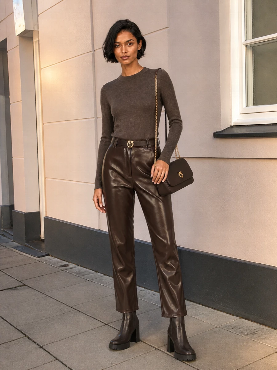A deep-brown, almost monochrome palette turns these faux-leather trousers into a quietly confident city uniform. The slim mocha knit tucks neatly at the waist, the structured brown boots ground the shine, and the signature flap bag plus swallow-buckle belt add just enough gold detail for a refined desk-to-dinner finish.