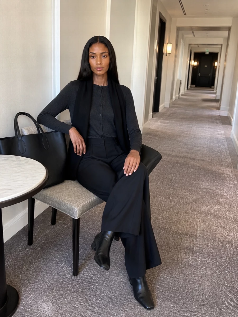 Charcoal and black stay deliberately restrained here, letting cut and proportion do the work. A slim crew cardigan meets high-waisted wide-leg tailoring for a long, clean column, finished with barely-there ankle boots and a sculptural tote for quiet, boardroom-to-dinner polish.