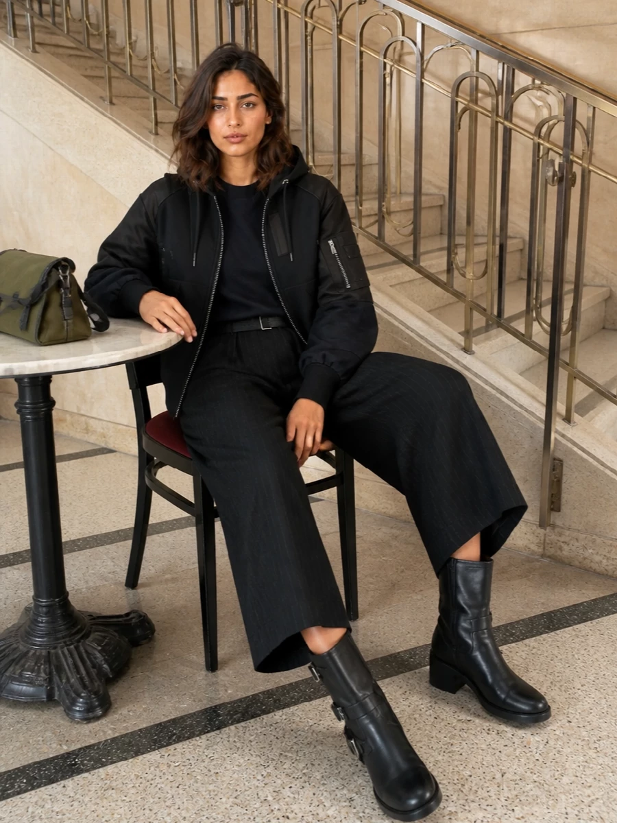 Sacai bomber pinstripe trousers biker boots outfit