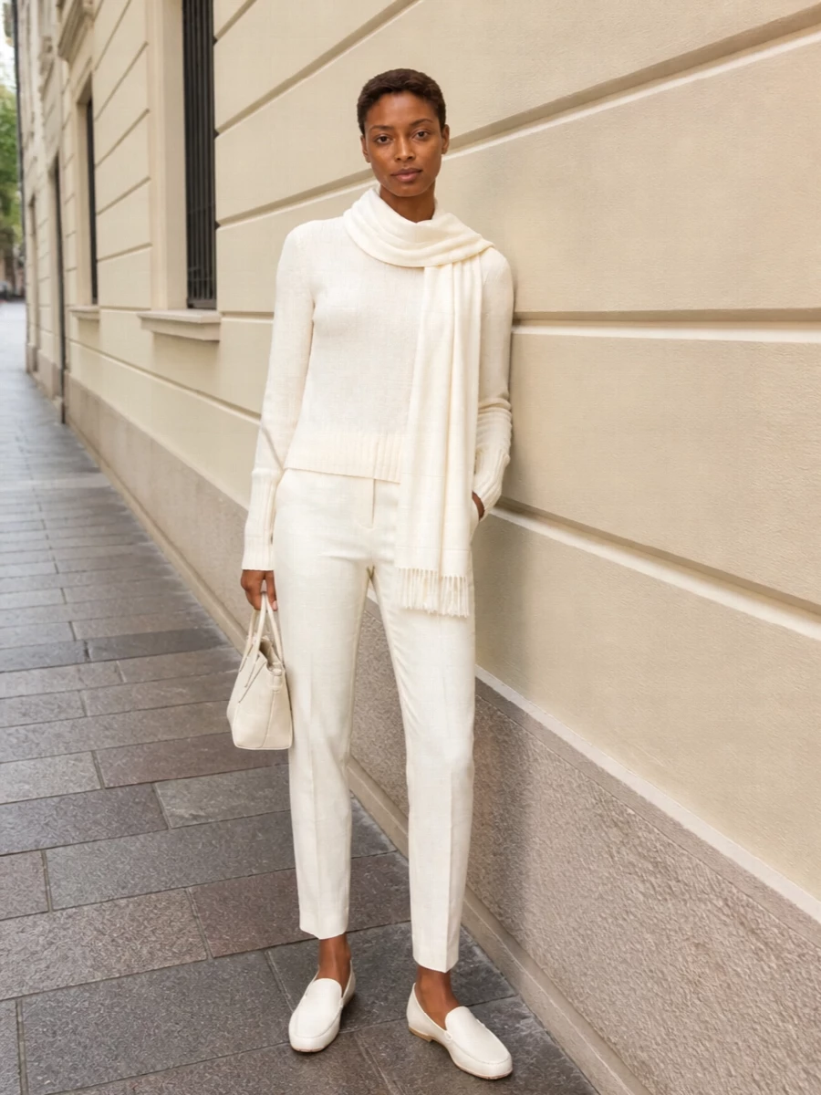 An ivory cashmere knit paired with slim tailored trousers creates a clean, column-like base that feels calm and considered. Sleek loafers and a structured top-handle keep the mood polished without tipping into formality. The whisper-light scarf adds just enough softness and movement while staying firmly within the tonal, quiet-luxury palette.