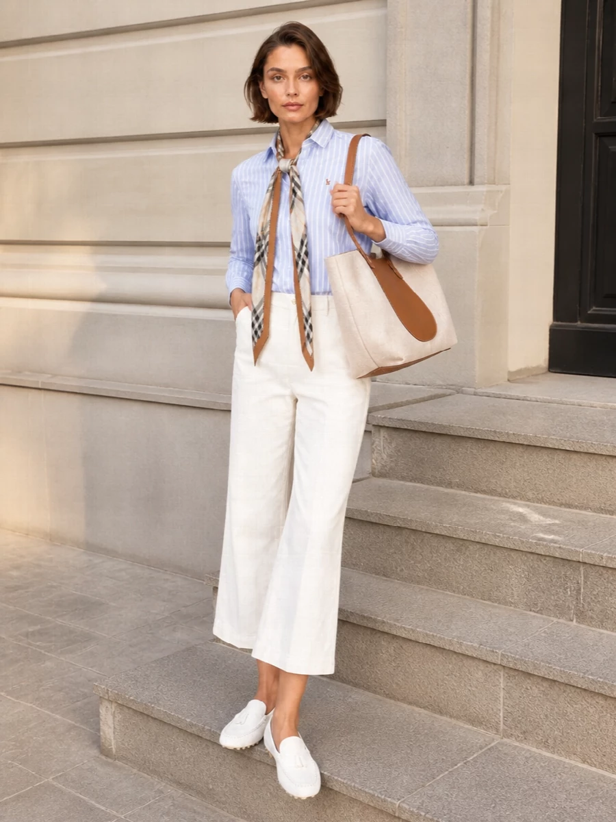 Ralph lauren striped shirt ivory trousers outfit