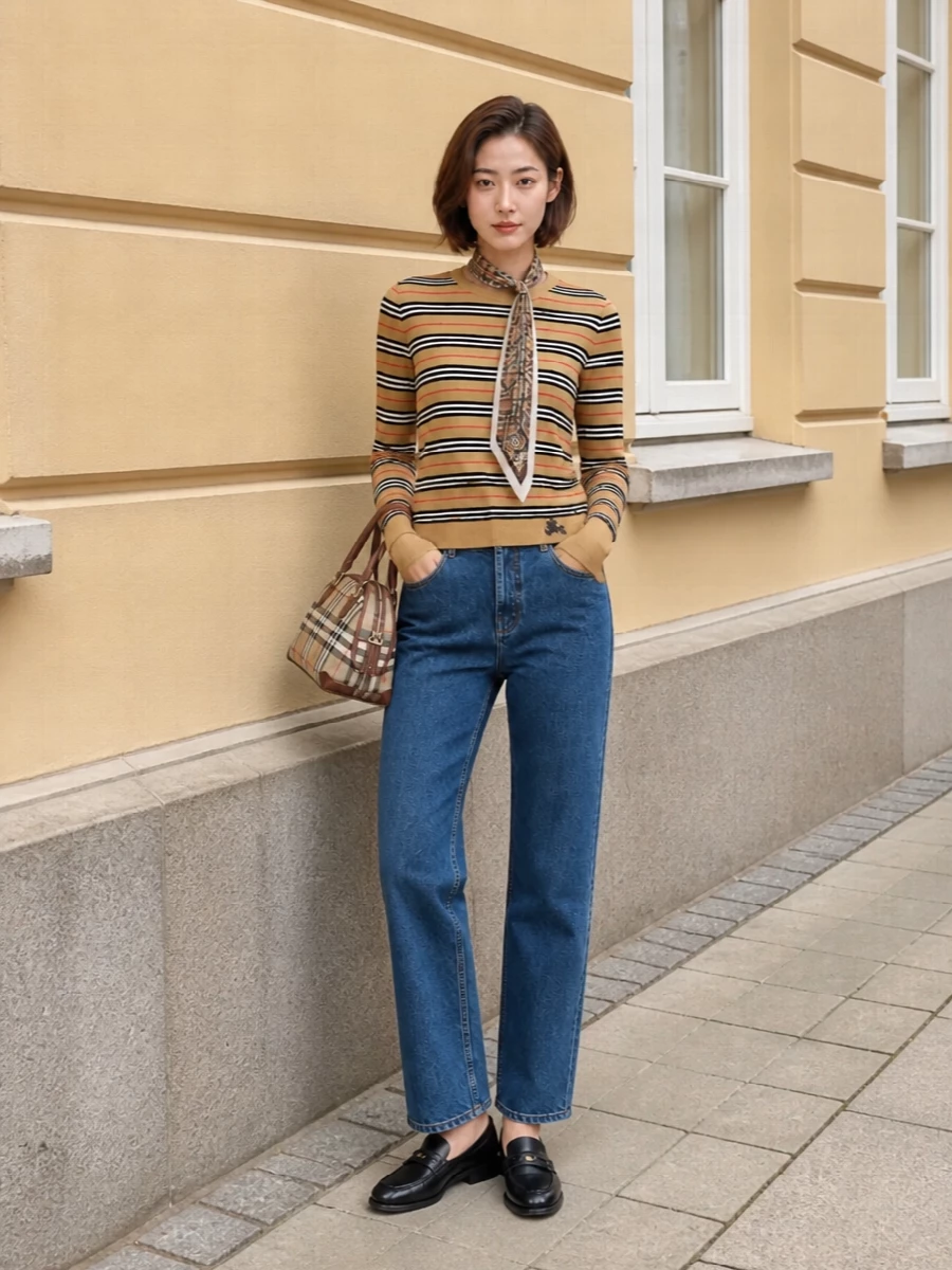 A camel striped Burberry knit is paired with straight indigo denim for a clean, collegiate take on casual days. Black loafers bring that neat preppy edge, while the checked dome satchel and skinny scarf echo the house palette without tipping into full print-on-print. The result is relaxed British polish that feels easy for city errands, coffee runs, or a smart casual office.