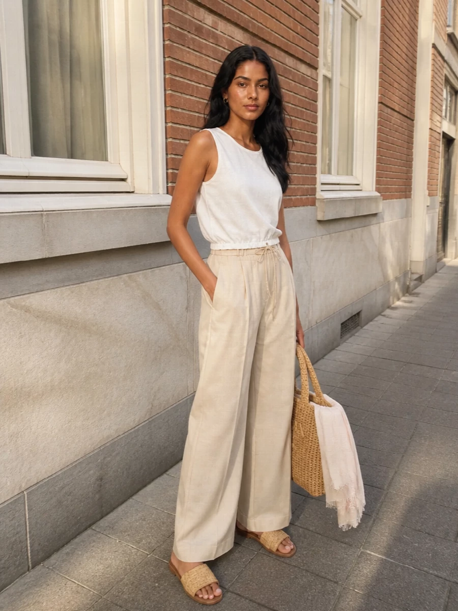 Loewe white crop top beige wide leg pants outfit