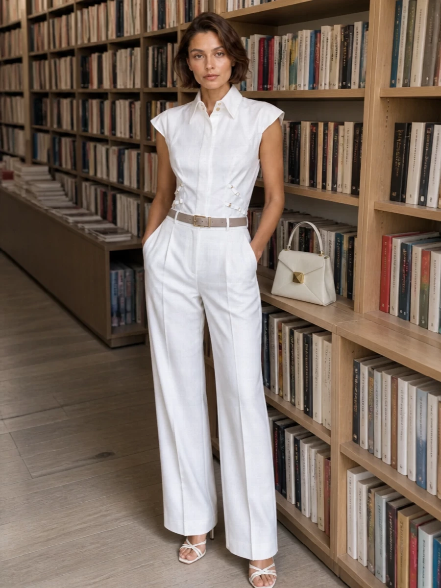 Elisabetta franchi white shirt wide leg trouser outfit