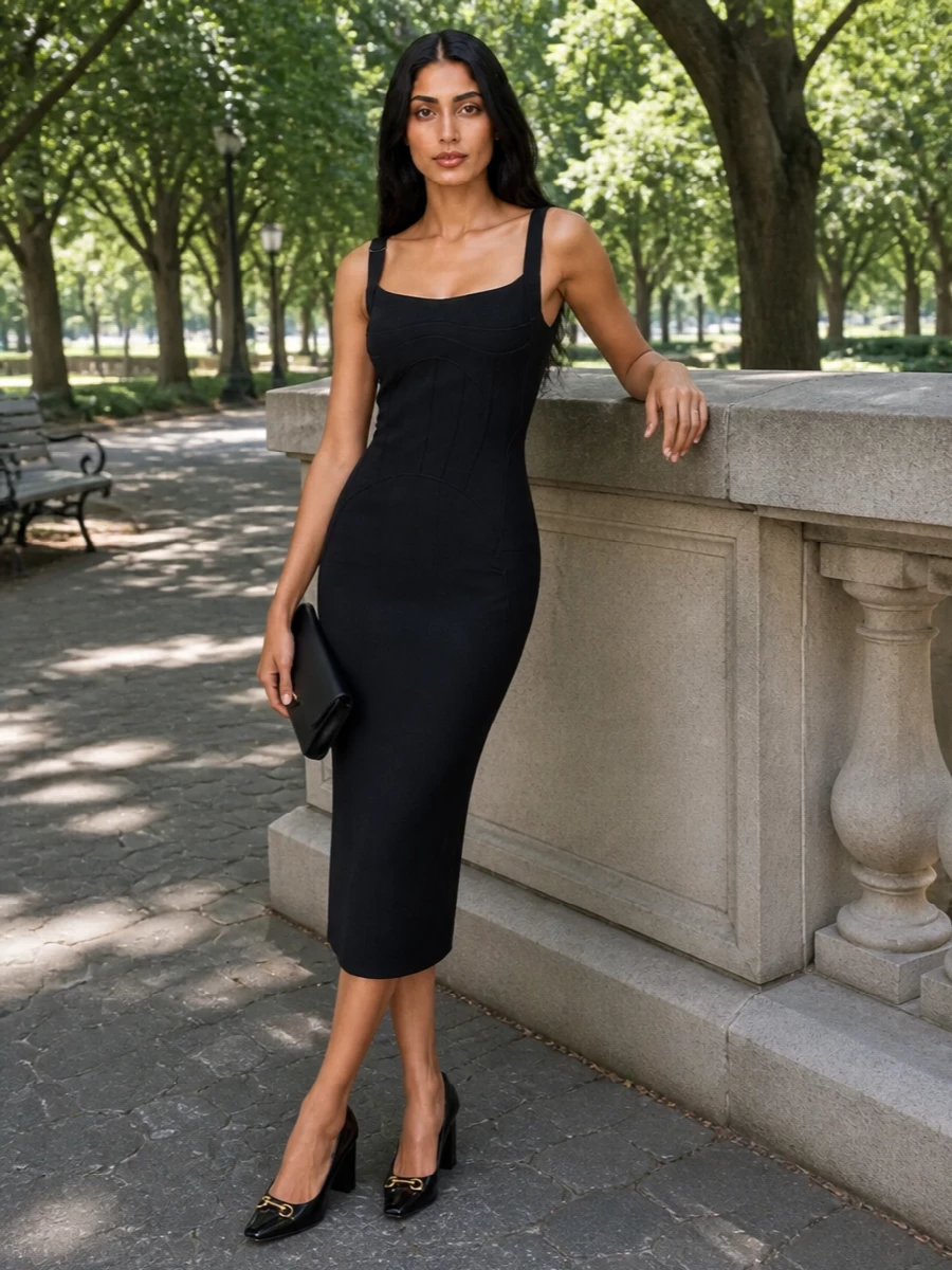 This pairing leans into a pure, sculpted evening mood by choosing the structured black midi dress over separates, echoing the Gucci pump’s pointed precision and gloss. The result is a clean, columnar silhouette with subtle corsetry that feels boardroom-appropriate at cocktail hour, all in a unified black-and-gold palette. The Tom Ford clutch finishes the ensemble with the same restrained, high-polish attitude, keeping everything focused and quietly commanding.