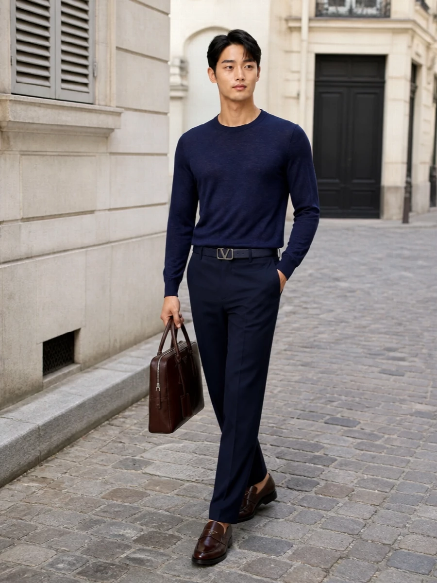 This look leans into a deep navy story: Brunello Cucinelli’s straight-leg trousers and finely knit crewneck create a streamlined, quiet-luxury base that feels sharp yet relaxed. Chocolate Prada loafers and a matching briefcase add warm, refined contrast, while the slim navy belt finishes the waist cleanly for a polished, office-to-dinner ensemble.