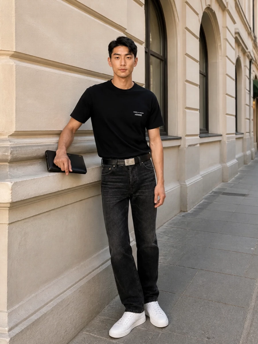 Comme des garcons homme black tee washed jeans