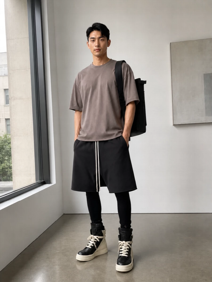 Rick owens taupe tee drkshdw shorts high tops
