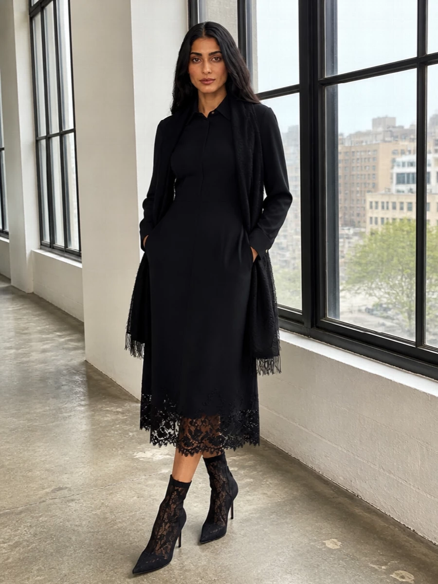 Alberta ferretti black lace midi dress evening