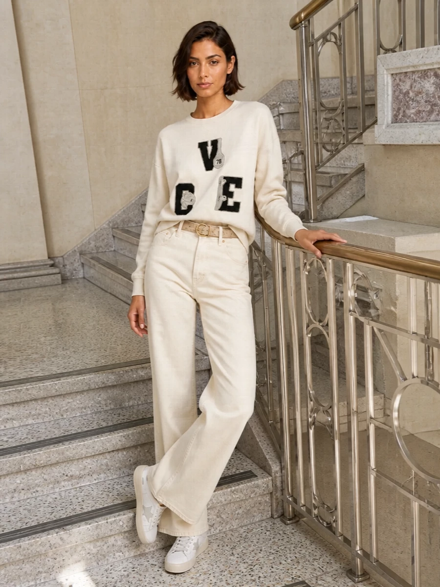 Golden goose varsity sweatshirt wide leg jeans outfit