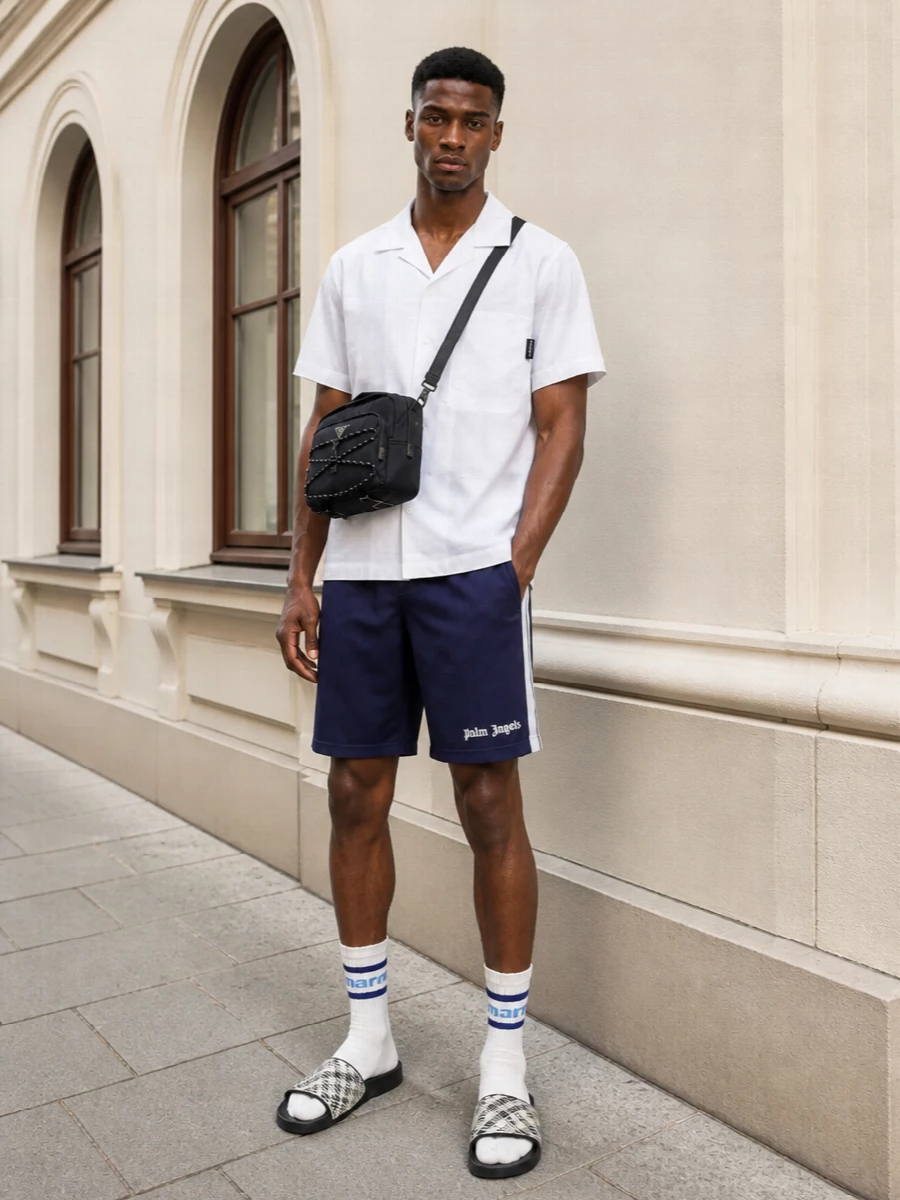 A navy Palm Angels swim short meets a crisp white camp shirt for a clean, sport-inflected resort uniform that still feels city-ready. Burberry slides keep the mood relaxed and graphic, while a structured navy Prada crossbody adds just enough technical sharpness to make the outfit feel considered beyond the pool. Soft striped socks are optional for when you want it to read more styled than beachy.