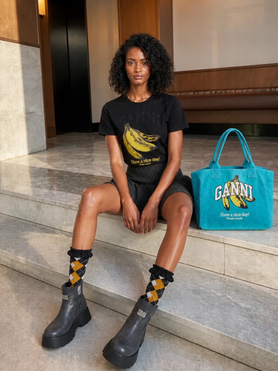 Ganni banana graphic tee pinstripe mini skirt
