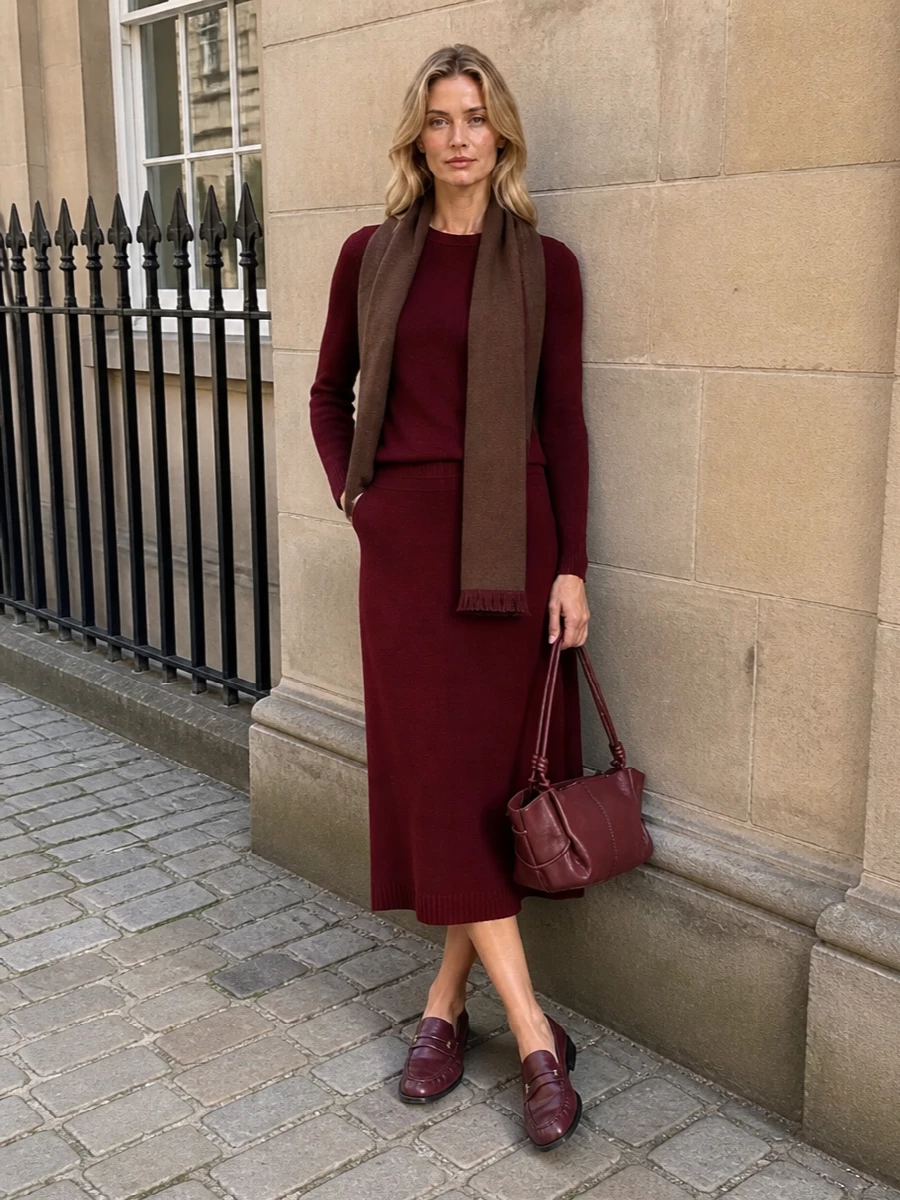 Deep burgundy paired with a matching knit midi skirt creates a long, uninterrupted line that feels warm yet composed. Tonal leather loafers and a sculptural shoulder bag stay in the same wine family, so the whole outfit reads intentional rather than busy. The slim scarf introduces a softer brown note that keeps the knit set from feeling too flat while still sitting firmly in a quiet, minimalist register.