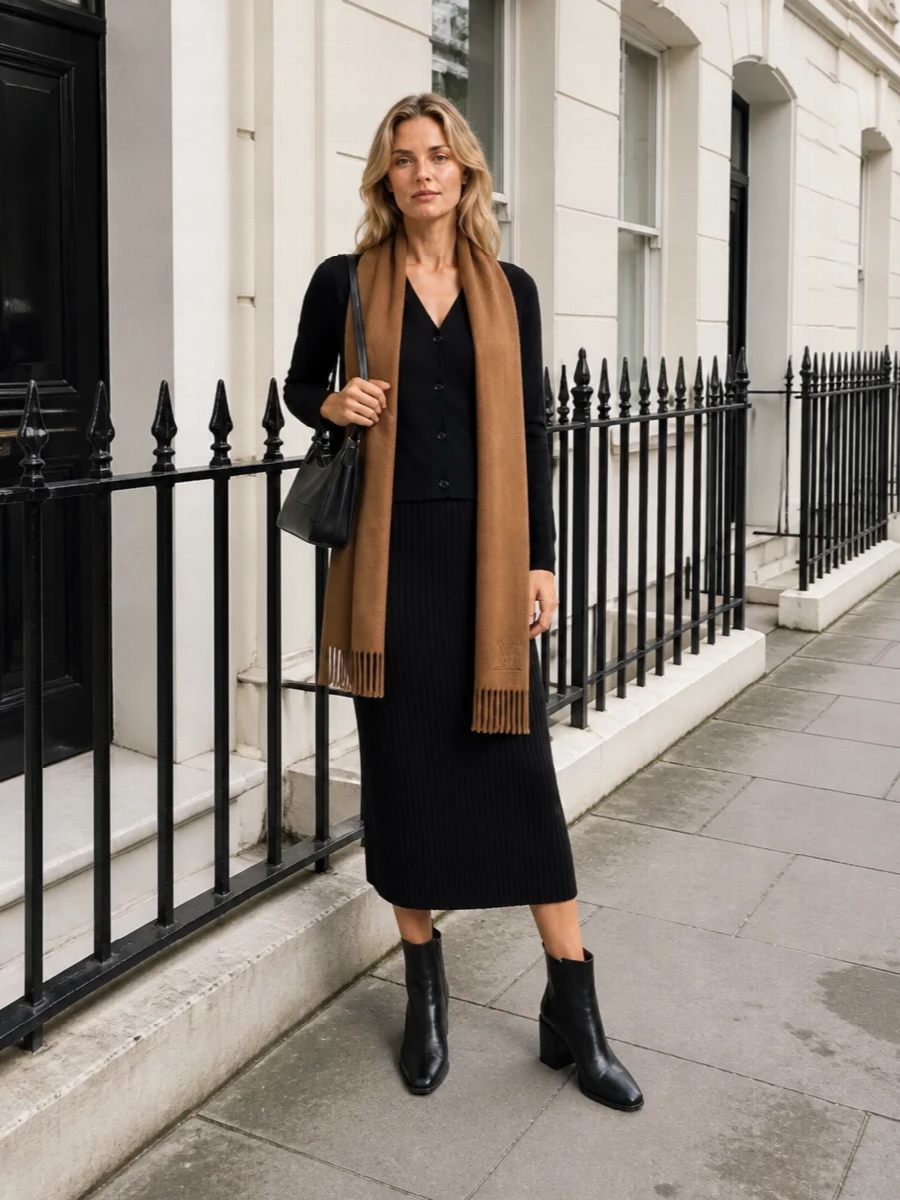 Max mara black cardigan ribbed midi skirt outfit