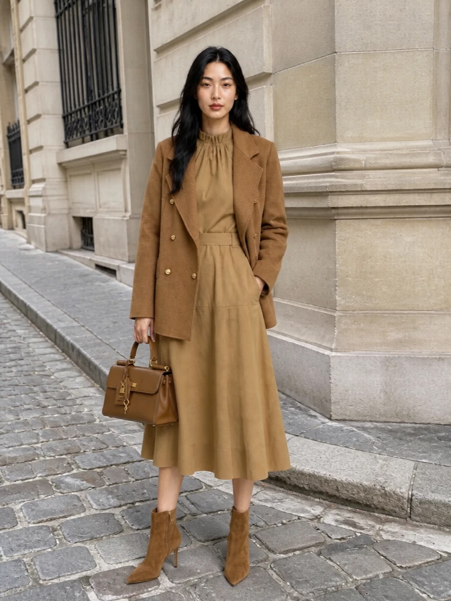 Burberry camel midi dress blazer ankle boots