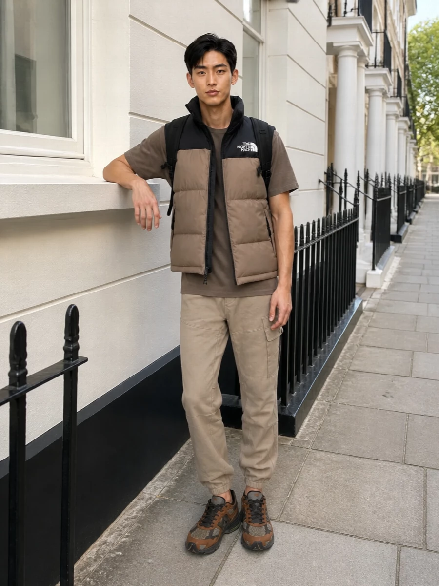 Head-to-toe earth tones and technical fabrics turn this North Face gilet into a clean urban trail uniform. The taupe base layers with matching joggers keep the line relaxed but intentional, while the brown New Balance runners and black technical pack finish it with a quietly functional, city-to-hike energy.