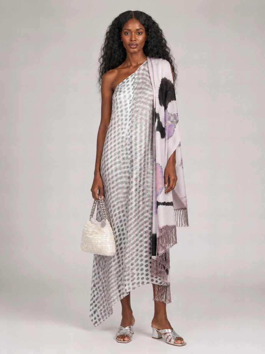 Dries Van Noten Silk Printed Rhinestone Appliqué Midi Dress