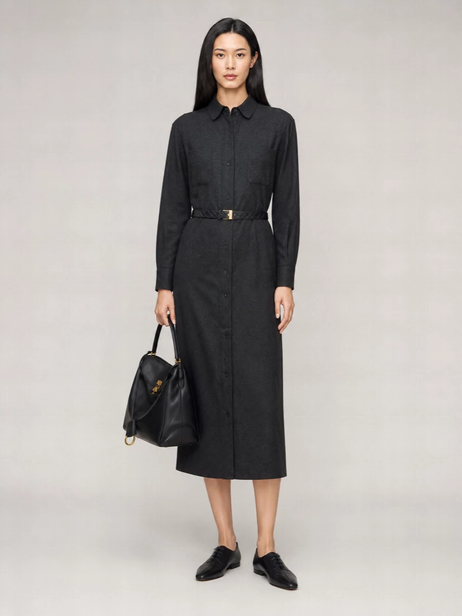 Thom Browne Silk Cashmere Belted Midi Shirt Dress