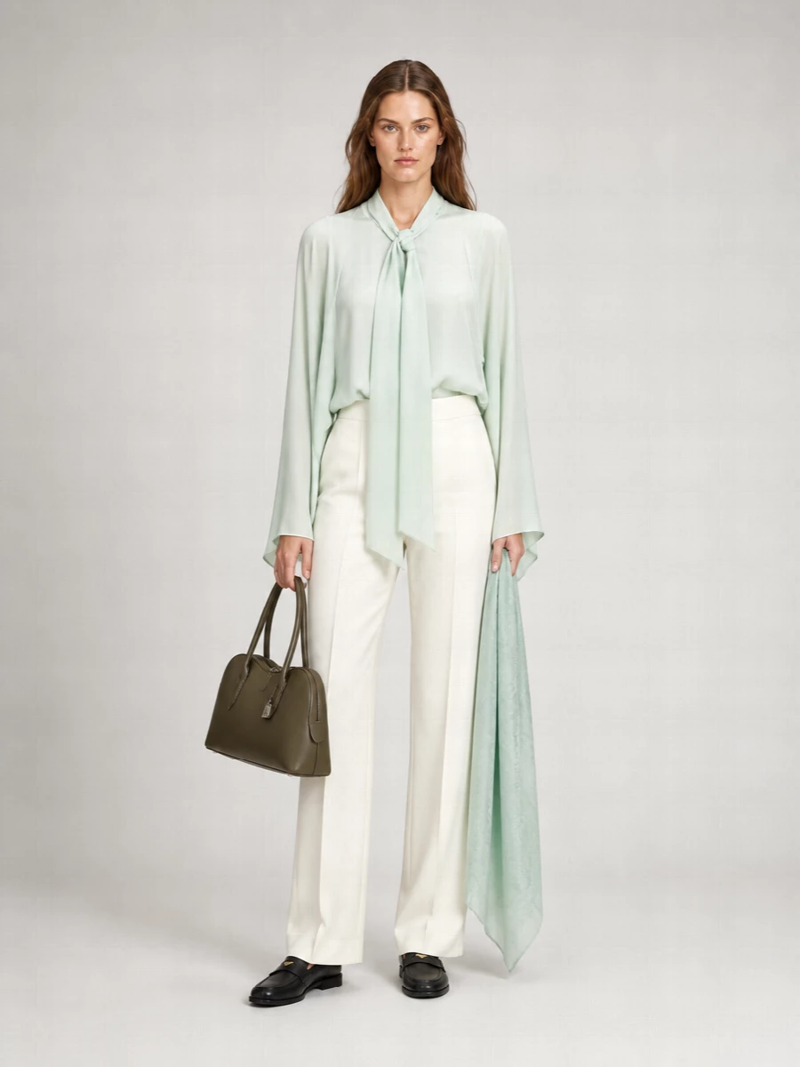Stella Mccartney Silk Lavallière Collar Draped Wide Sleeve Blouse