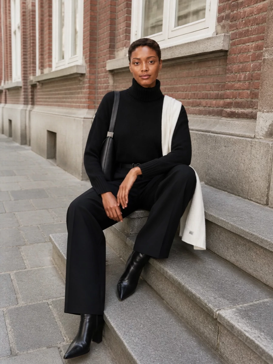 Jil sander black turtleneck wide leg trousers outfit