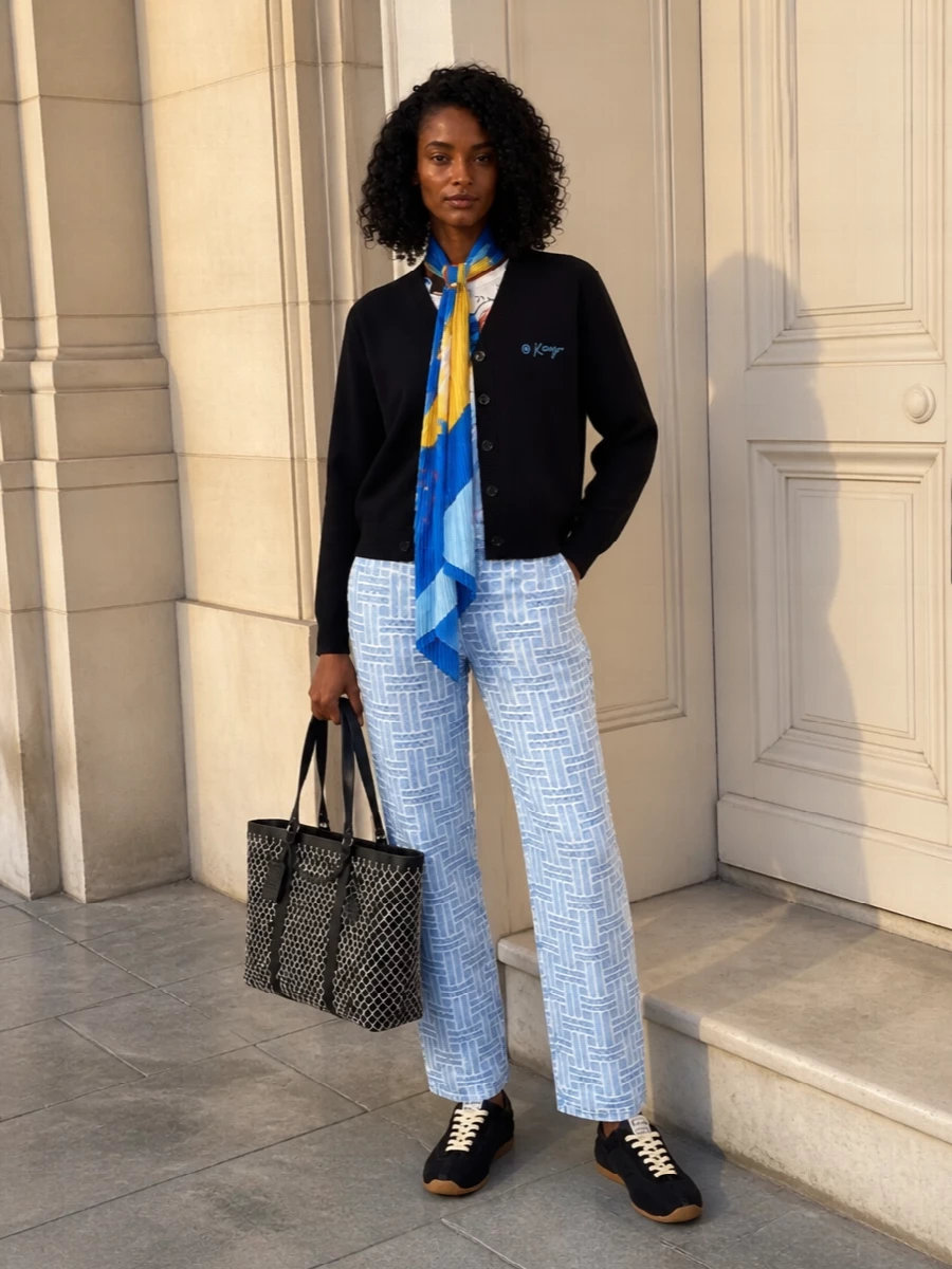 Kenzo cardigan blue straight jeans sneakers