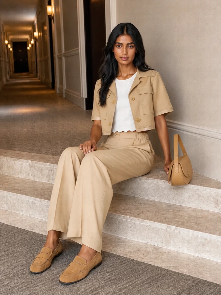 Patou camel cropped jacket wide leg trousers