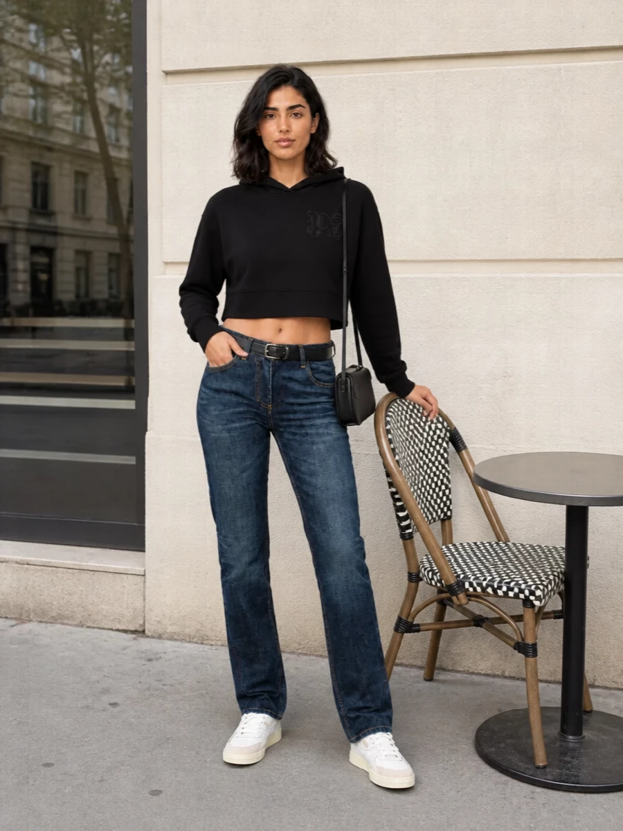 Palm angels jeans black hoodie sneakers outfit
