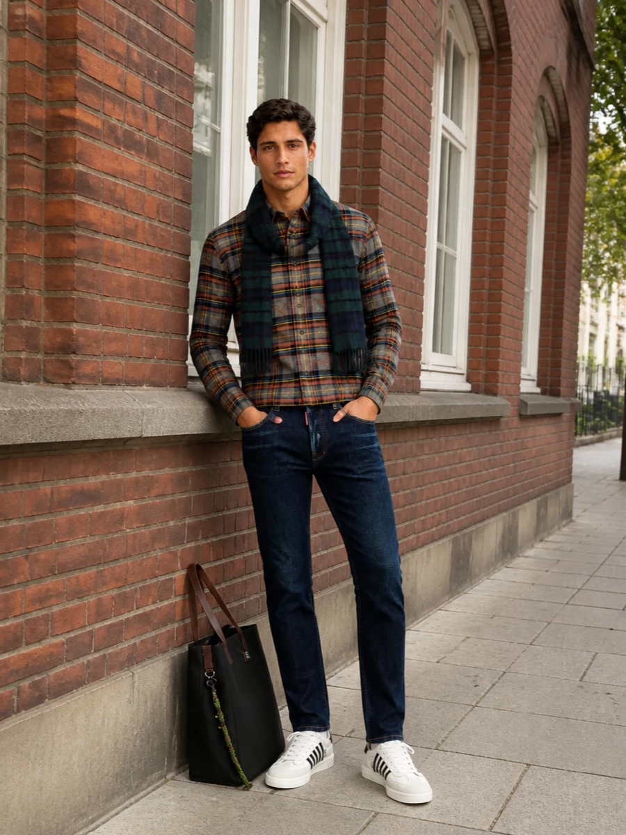 Charcoal and amber plaid sits over dark indigo denim for a street-preppy mix that feels relaxed but thought-through. Clean white and black court sneakers sharpen the base, while a structured black tote keeps the vibe urban and grown-up. The tartan scarf adds just enough winter texture without stealing focus from the shirt.