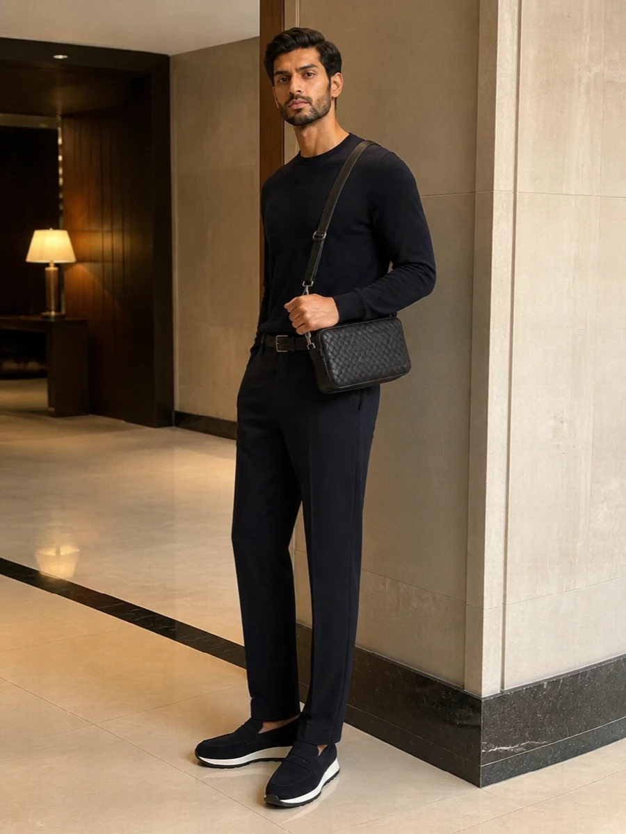 Kiton navy trouser zegna sweater tods sneakers