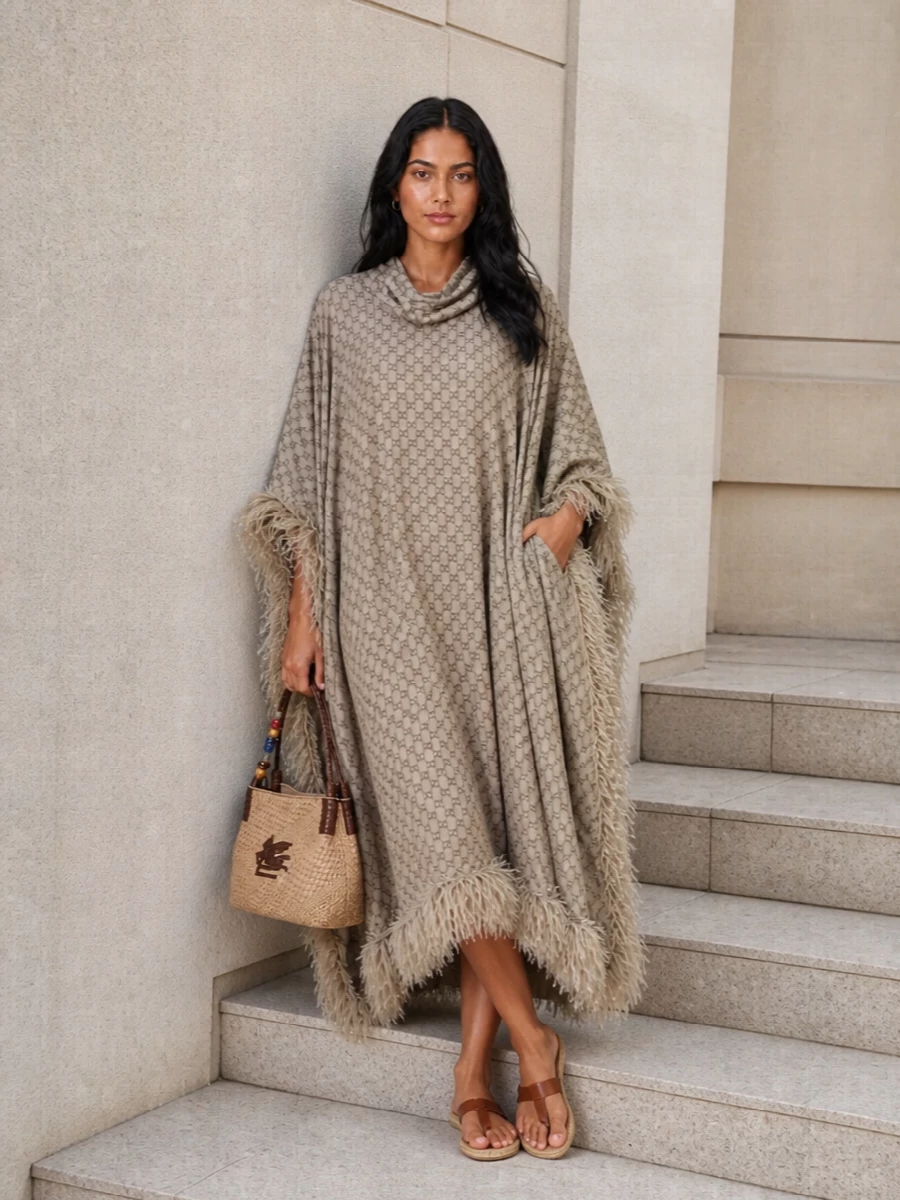 A taupe Gucci poncho meets grounded cognac leather and woven raffia for a soft, sun-bleached resort mood. Flat sandals keep it relaxed and practical, while the structured straw shoulder bag adds just enough polish for moving from cabana to cocktails. The result feels quietly bohemian and impeccably put together without trying too hard.