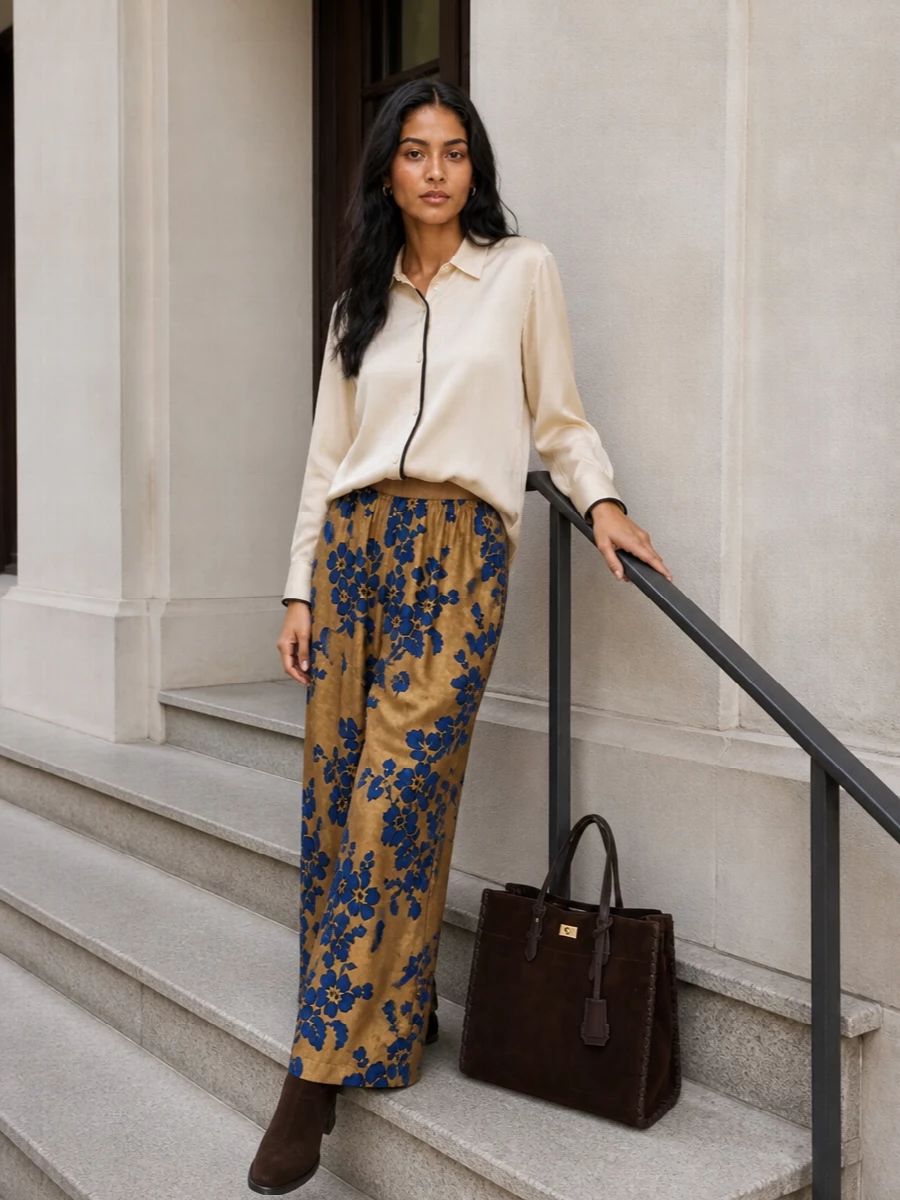Golden floral silk trousers stay center stage, grounded by a liquid champagne shirt that reads polished rather than pyjama. Dark chocolate suede boots and a braided-edge tote add quiet structure and depth, keeping the mood romantic and relaxed while still city-ready. The result is lounge-inflected tailoring that feels thoughtful enough for gallery afternoons or intimate dinners.