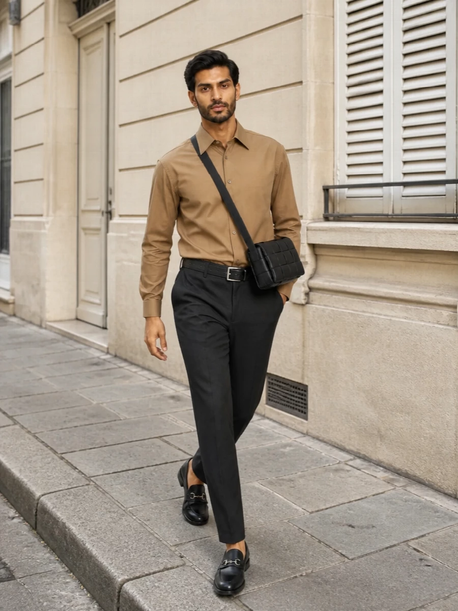 Charcoal Gucci trousers are grounded by a pair of black silver-bit loafers and cinched with a subtly textured black belt, setting a disciplined, tailored base. Up top, the camel Gucci shirt introduces a warm neutral contrast that still reads razor-clean, while the padded intrecciato crossbody adds a considered touch of texture and modernity. The result is a quietly assertive SS city look that moves easily from office to dinner without ever feeling over-styled.